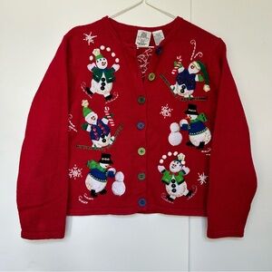 Red Ugly Holiday Sweater Christmas Cardigan Beaded with Snowmen Size 12/14